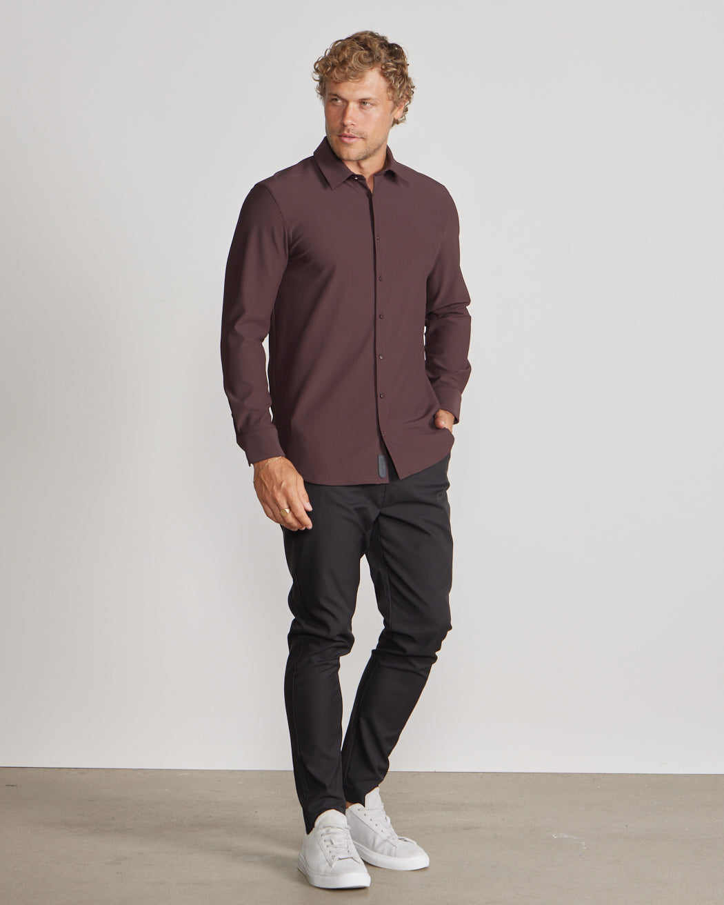 Ribbed+ Long Sleeve Button Down