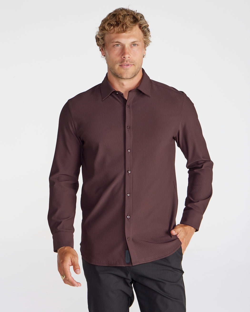 Ribbed+ Long Sleeve Button Down