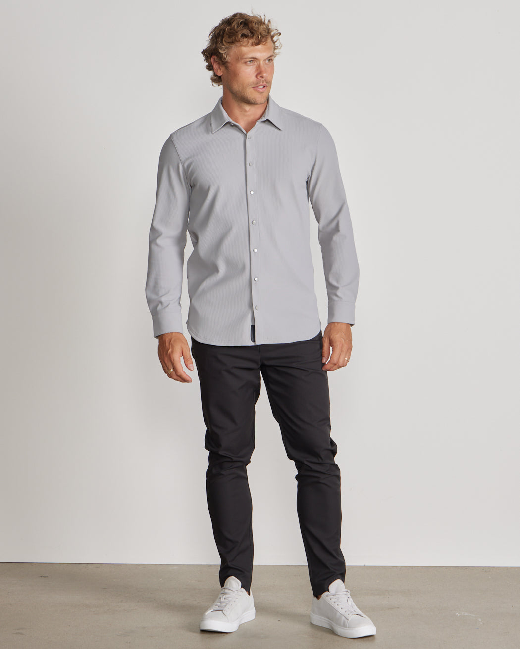 Ribbed+ Long Sleeve Button Down