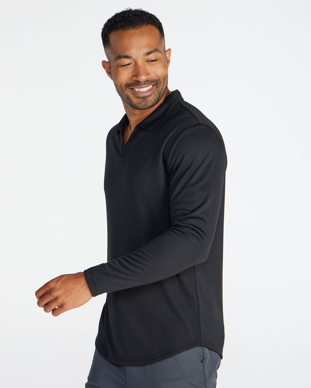 Ribbed Long Sleeve Open V Polo