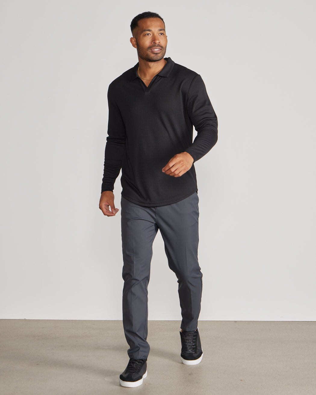 Ribbed Long Sleeve Open V Polo