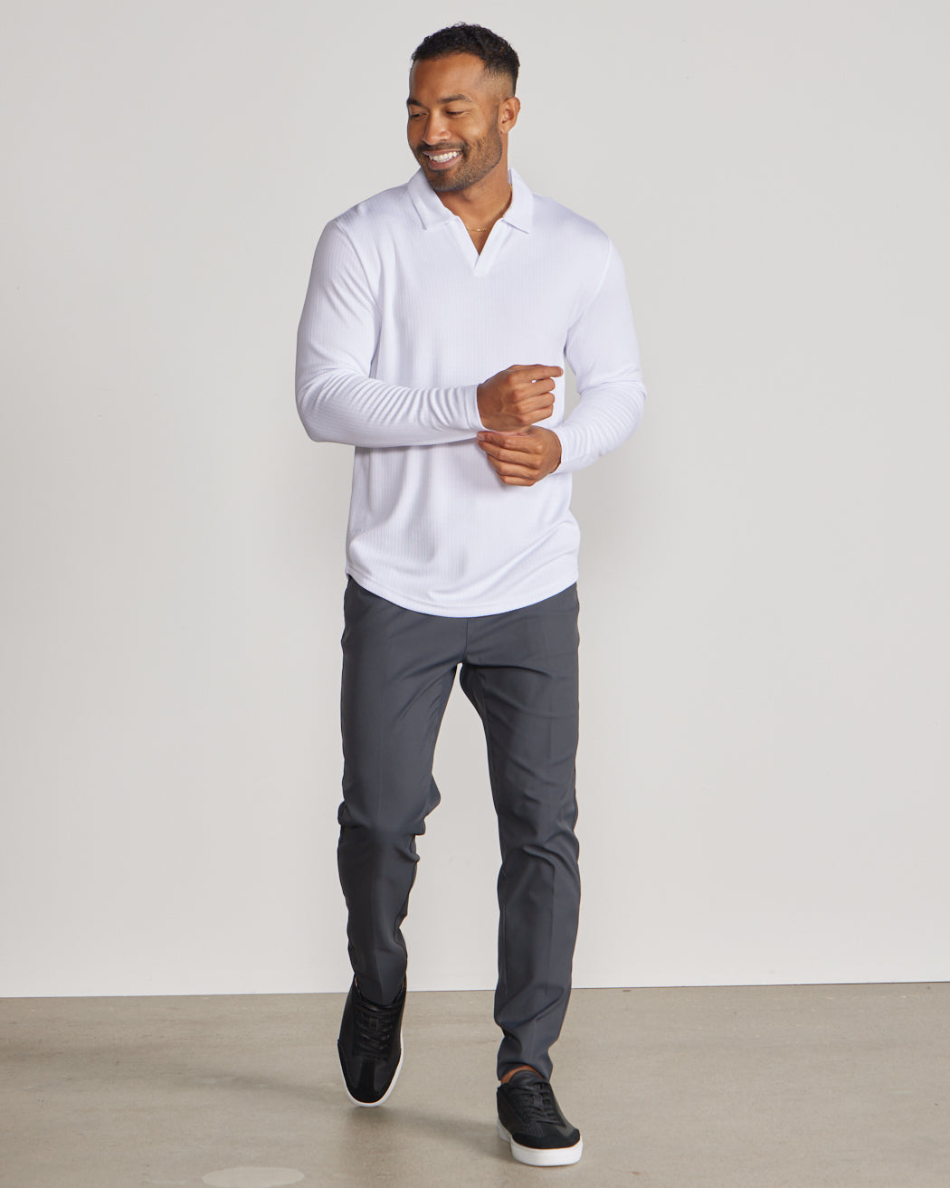 Ribbed Long Sleeve Open V Polo