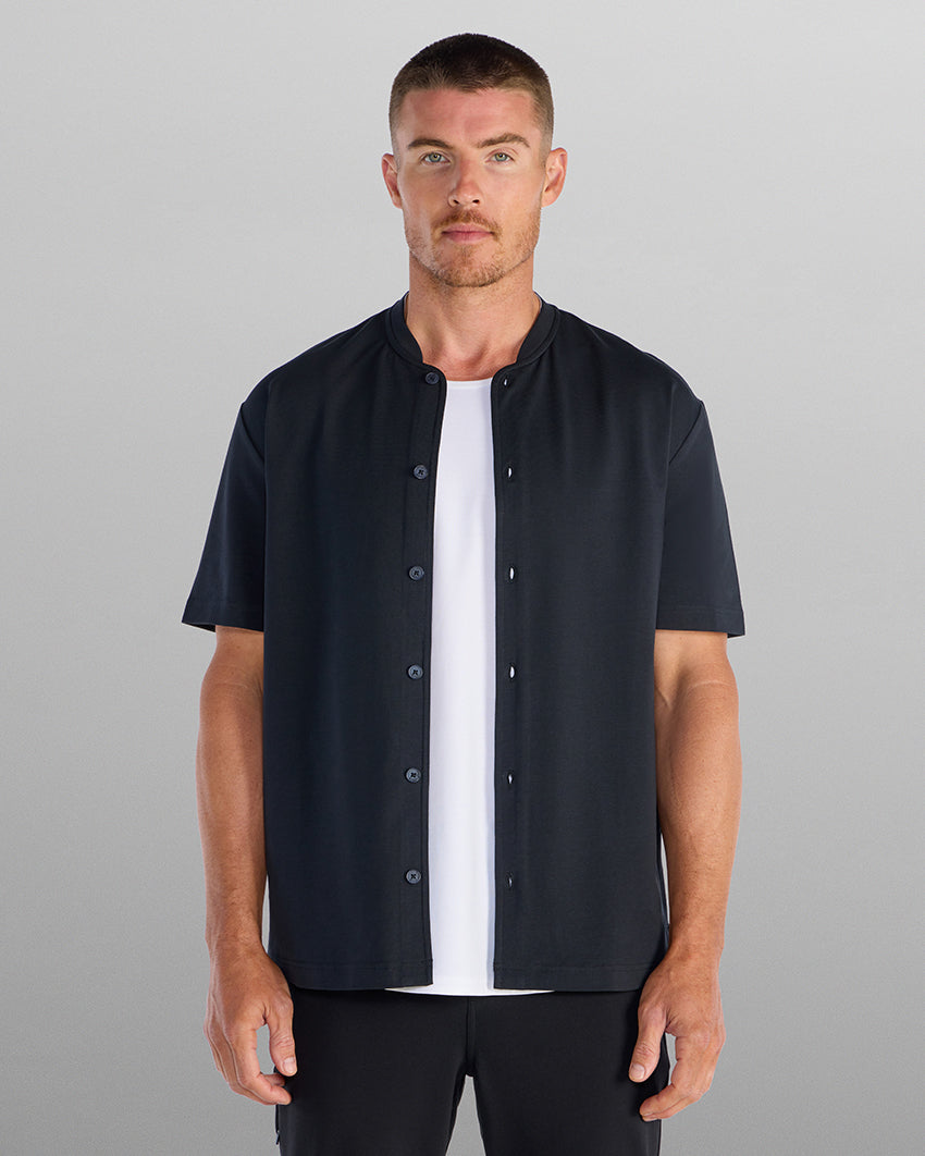 LUX Stand Collar Short Sleeve Button Down