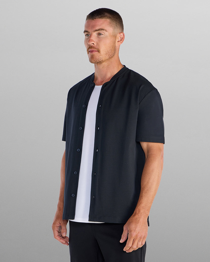 LUX Stand Collar Short Sleeve Button Down