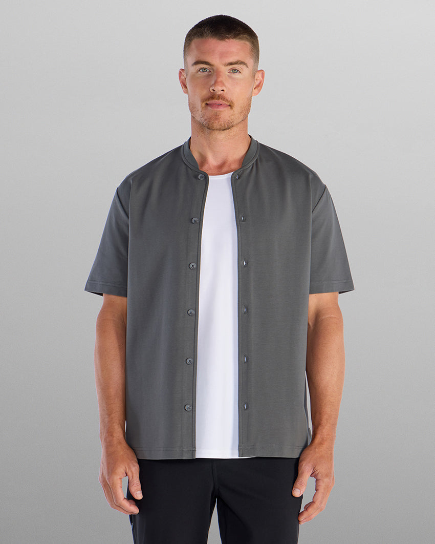 LUX Stand Collar Short Sleeve Button Down