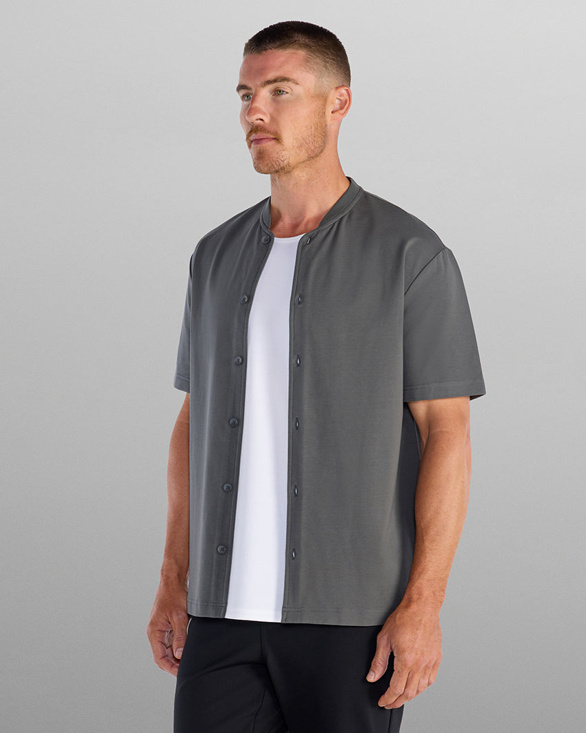 LUX Stand Collar Short Sleeve Button Down