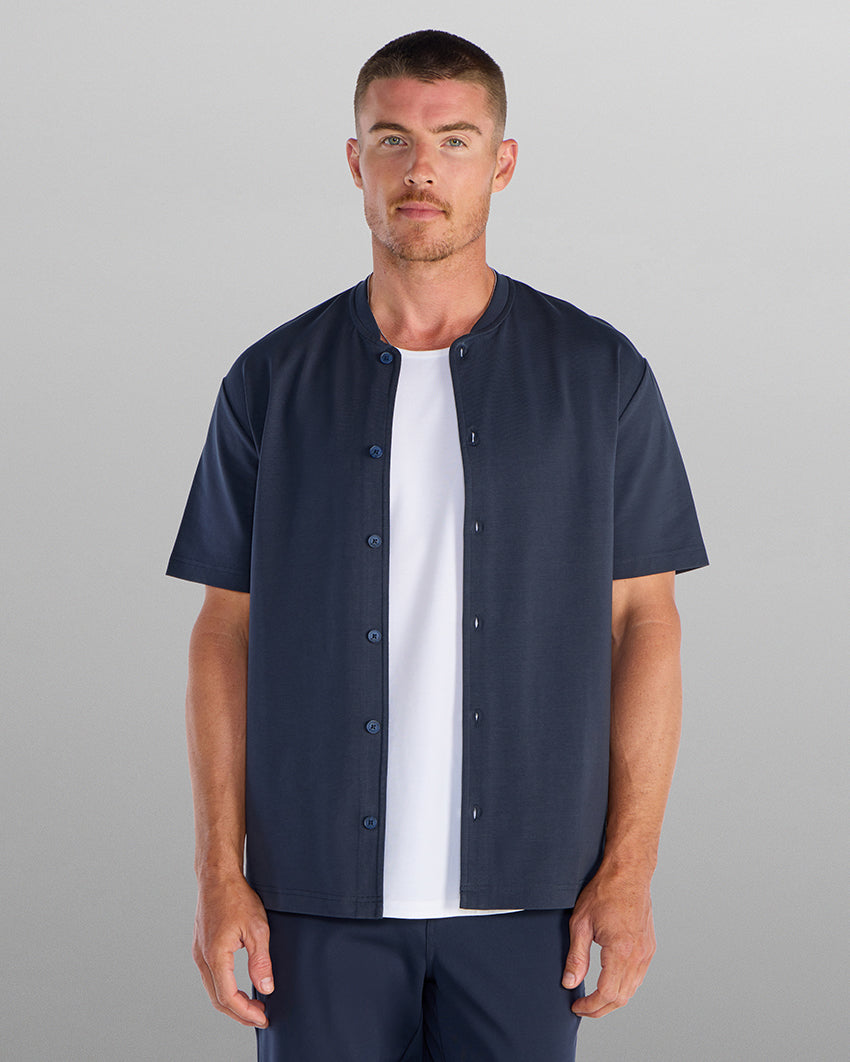 LUX Stand Collar Short Sleeve Button Down