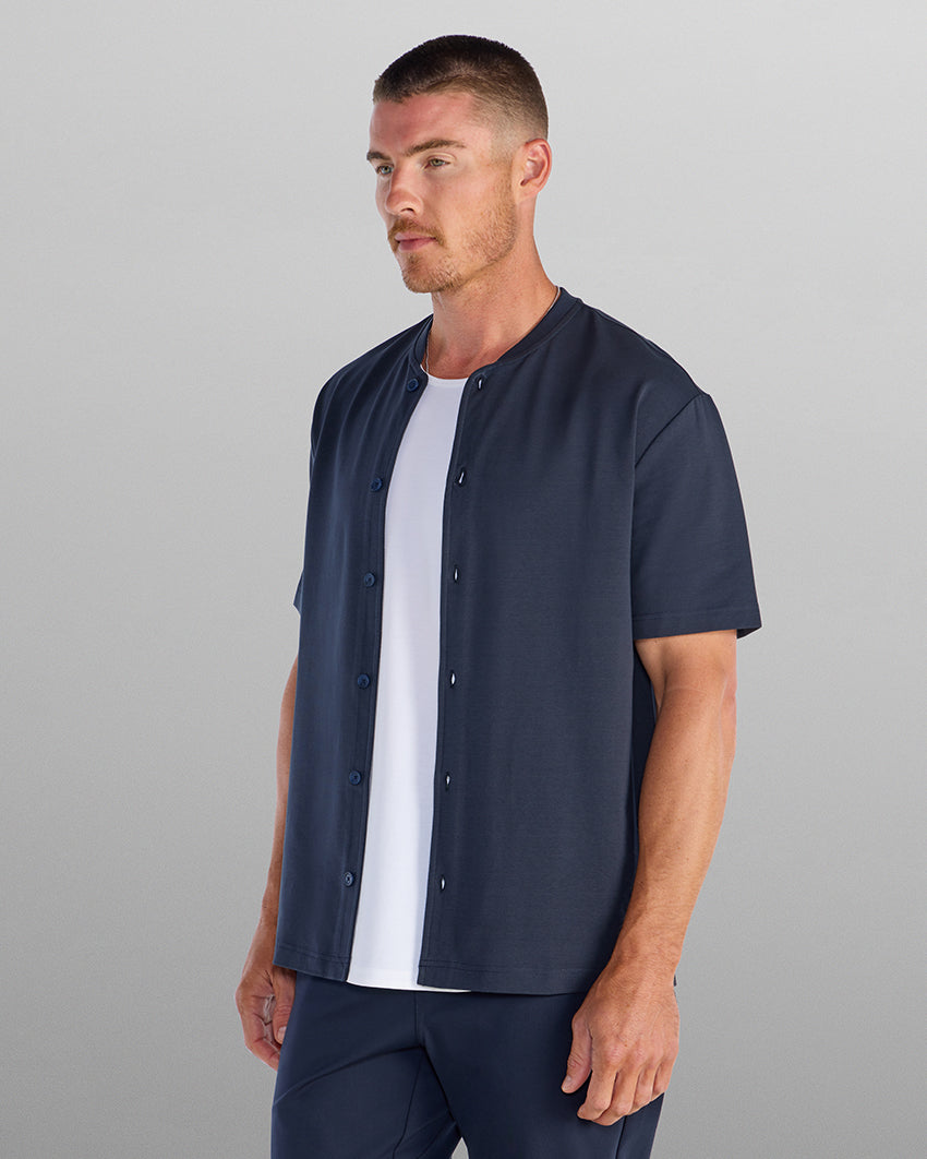 LUX Stand Collar Short Sleeve Button Down