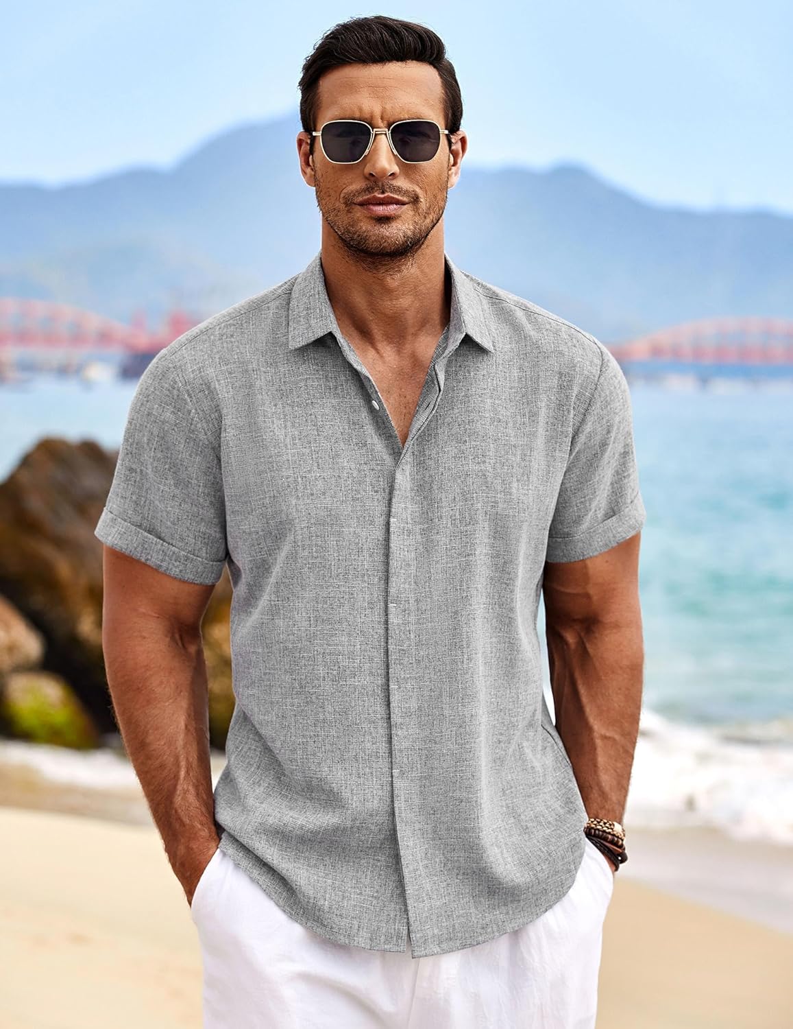 COOFANDY Men's Linen Shirts Short Sleeve Casual Shirts Button Down Shirt for Men Beach Summer Wedding Shirt