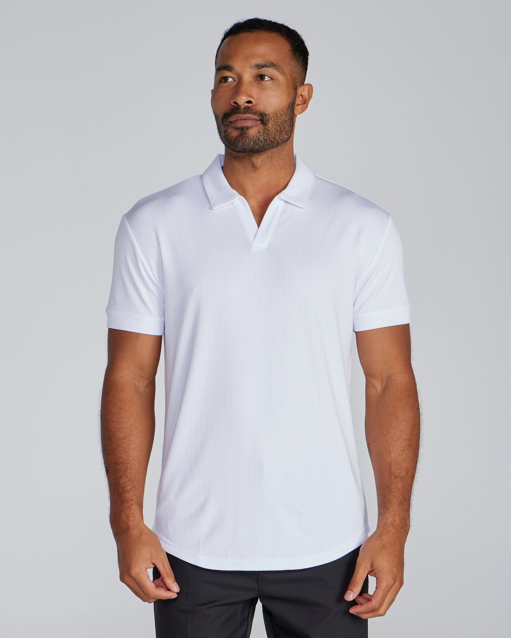 Ribbed Short Sleeve Open V Polo